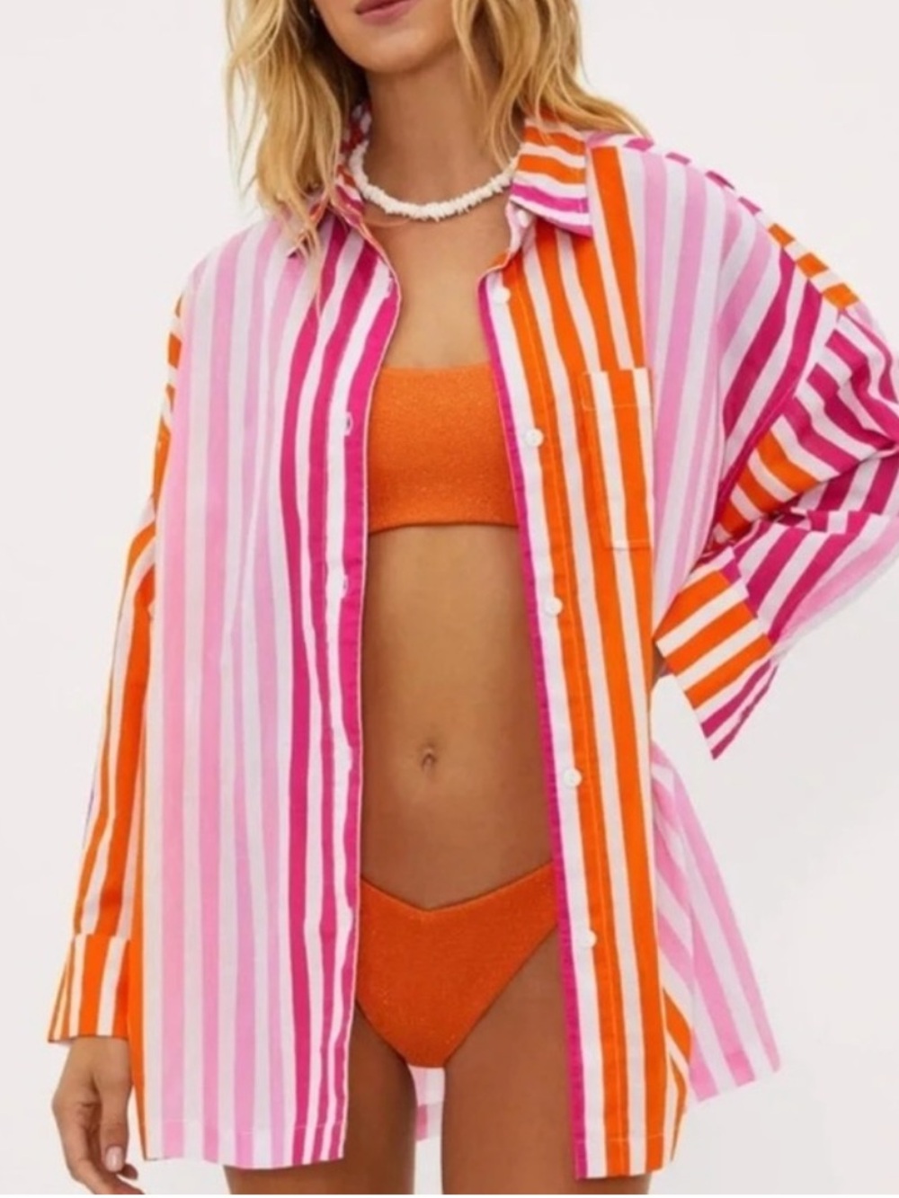 Beach Riot Alexa Top Pink Orange Stripe Button Front Cotton Tunic Shirt Cover-Up
